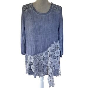 Krazy Kat Tunic Women Large Blue Floral Lace Asymmetrical Hem Boho Crinkle Top